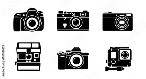 Vintage and modern camera icons set, 6 black photography vector elements, dslr and film