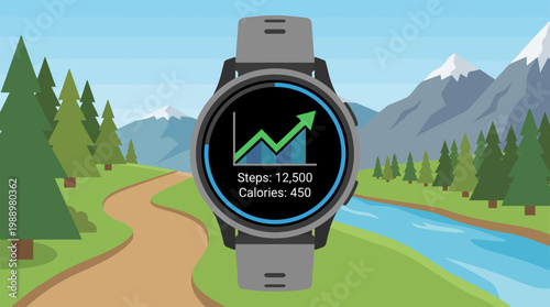Wearable Wellness: An active display on a smartwatch tracks steps, calories, and a fitness chart. A nature trail creates the health and wellness
