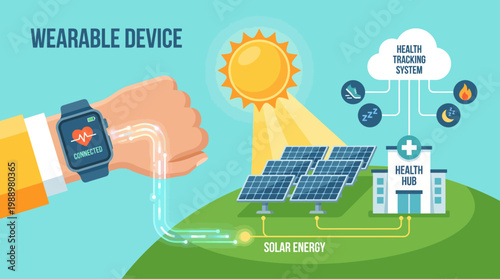 Wearable Technology and Green Energy: The illustration presents a detailed concept of a wearable technology device, integrating with renewable energy, such as solar panels.