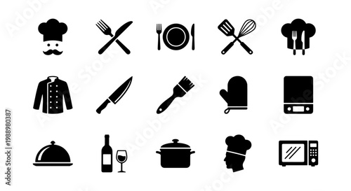 Kitchen cooking icon set, 15 restaurant vector symbols, chef and bakery equipment icons