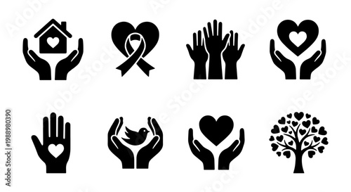 Charity and donation icons, 8 black volunteer symbols, nonprofit community vector set