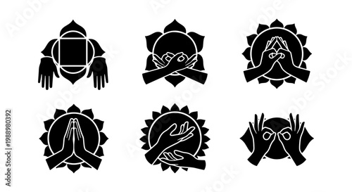 Yoga mudra hand icons, 6 spiritual chakra symbols, black meditation vector set