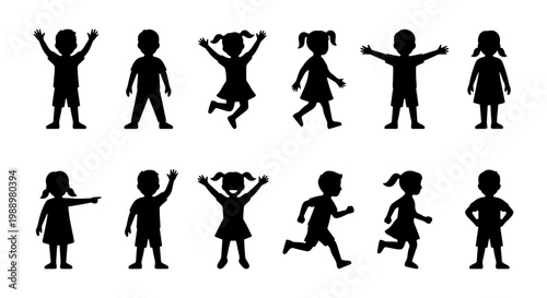 Happy children silhouettes, 12 kids playing icons, black boy and girl vector shapes