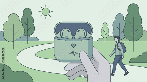 Wireless Earbuds and Outdoor Activity: A visual of modern tech, a person going walking in the park and wireless earbuds to enjoy listening. 