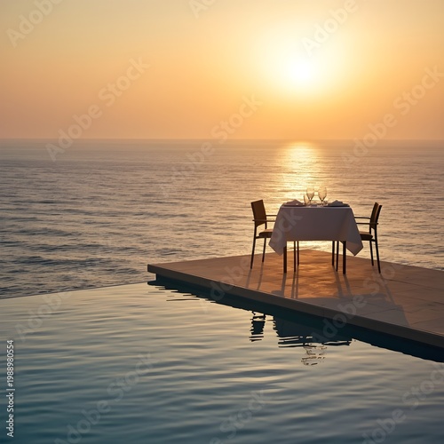 Luxury Sunset Infinity Pool Dining Setup on Right Side with Ocean View Romantic Travel Resort Concept