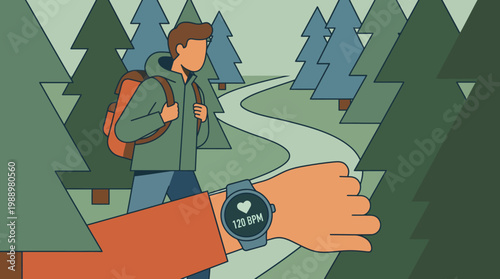 Adventure Pulse: A man embarking on a solo hike in a lush forest checks his smartwatch, monitoring his heartbeat amidst the journey. The scene captures the blend of fitness tracking.