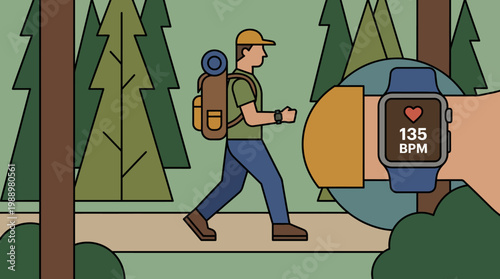 Hiker's Health Tech: A hiker equipped with a smart watch monitors heart rate while on a trail in the forest, representing the fusion of nature, health, and technology.