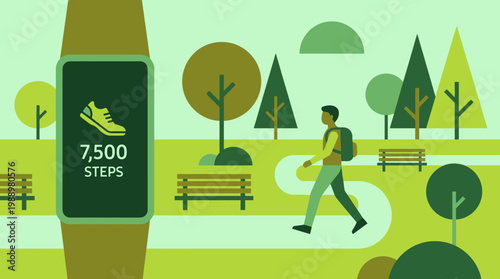 Fitness Tracker and Park Walk: A man strolls through a park with a fitness tracker on his wrist, visualizing steps taken.