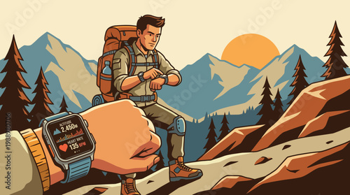 Journey Tracker: A hiker, pausing to check his smartwatch amidst a rugged mountain landscape, symbolizing the fusion of adventure and technology.