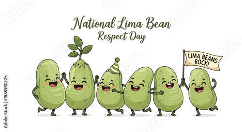 Celebrating National Lima Bean Respect Day, a joyful vector illustration showcases cartoon lima beans holding hands and a sign, against a clean white background, promoting healthy eating