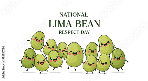 Vector illustration featuring smiling cartoon lima beans gathered to celebrate National Lima Bean Respect Day with a cheerful and inviting mood, set against a clean white background