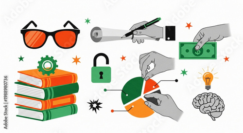 Visual compilation of essential business strategy, financial management, education, and security concepts for successful planning and innovative development