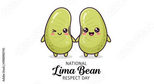 Two cheerful lima bean characters, designed as vector illustrations, holding hands to celebrate National Lima Bean Respect Day, set against a clean white background with a lighthearted