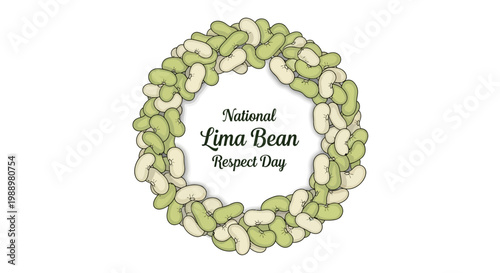 Vector illustration celebrating National Lima Bean Respect Day, featuring a wreath of green and white lima beans arranged around the text on a clean white background, promoting healthy