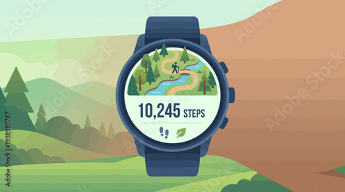 Smartwatch's Trail: A smartwatch displays a hiking trail, recording steps and environmental indicators, illustrating the integration of technology and nature.