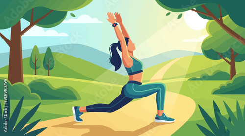 Morning Yoga in Nature: A woman performs a yoga pose in a park, embodying tranquility and health. Embracing the essence of a fit, and energetic lifestyle.