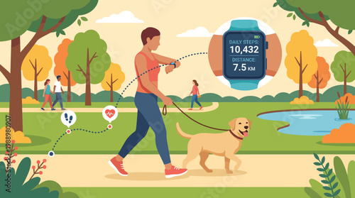Fitness Walk: a man walking his dog, checking smart watch in a park. capture healthy life style.