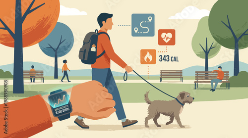 Tracking Steps: A person strolls through a park with his dog, accompanied by the smartwatch, which displays fitness metrics for the exercise.