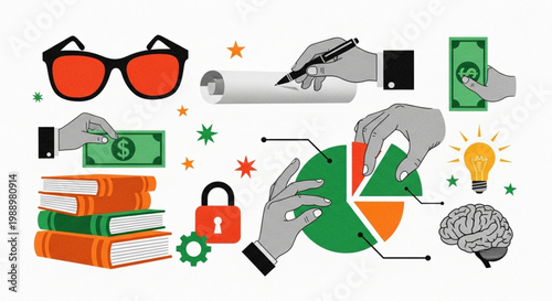 Comprehensive collection of business strategy elements, financial planning concepts, educational resources, security measures, and creative idea generation tools in a cohesive icon set