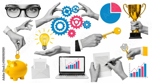 Strategic business concepts for financial success and growth, featuring diverse elements like gears, finance tools, and achievement symbols, illustrating prosperity