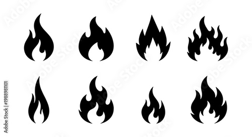 Black fire flame icons set, 8 minimalist bonfire silhouettes, flat vector fire symbols