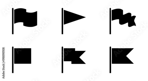 Black flag icons set, minimalist pennant silhouettes, 6 vector map marker symbols