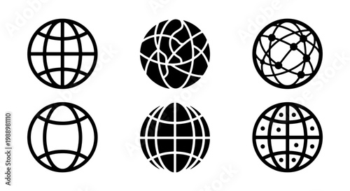 Global network icons set, black world globe symbols, 6 earth planet vector elements