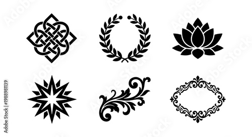 Elegant black ornamental icons set, 6 decorative vector elements, floral logo symbols