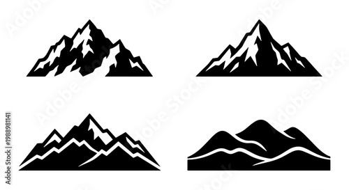 Minimalist mountain peak icons, black mountain silhouettes, 4 nature vector elements
