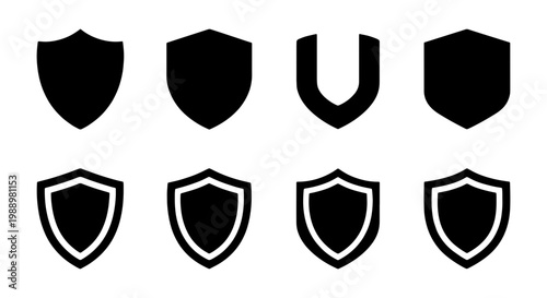 Shield icon set, 8 black security vector elements, heraldic protection badge collection