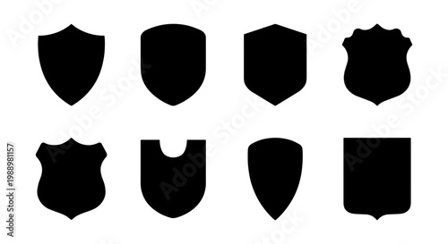 Shield silhouette icons, 8 security badge vector shapes, heraldic coat of arms set