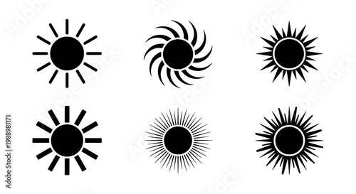 Minimalist sun icons set, black solar symbols, 6 vector sunburst elements for logo design