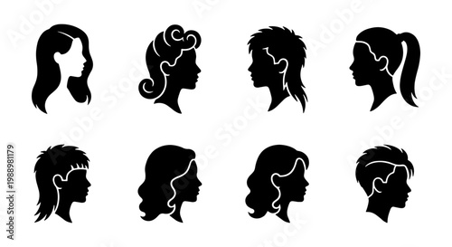 Fotografie Female hair silhouette icons, 8 woman hairstyle profile set, black salon vector
