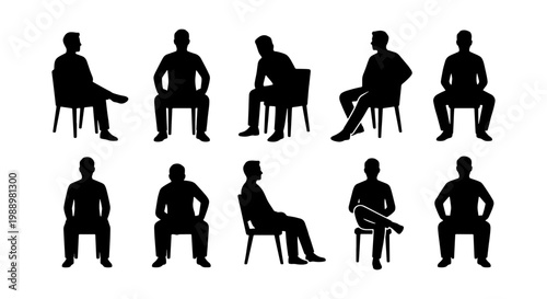 Sitting men silhouettes set, 10 male figures on chairs, black human vector icons