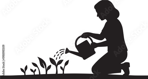 Shadow Girl Gardener Silhouette vector graphic illustration presents a silhouette of a woman kneeling gracefully as she meticulously waters a series of evolving plants, signifying diligent care.