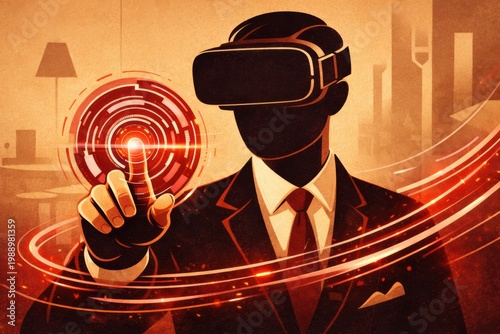 Business professional using VR headset with futuristic digital interface and glowing red data visualization