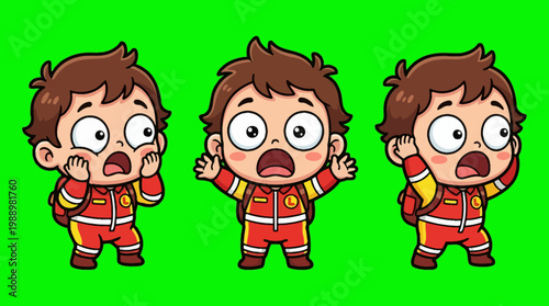 Cartoon Boy Expressing Shock and Surprise in Various Poses.
