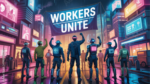 Protest, Workers Unite, Labor Rights, Activism, Cityscape, Vector Illustration