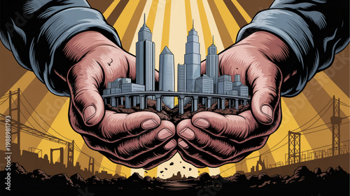 Cityscape, urban planning, hands holding city, sustainable development, eco-friendly architecture