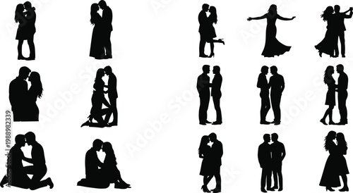 Romantic couple silhouettes collection, love relationship poses, kissing hugging dancing pairs, black isolated figures, wedding romance concept, affectionate moments, vector style people illustration