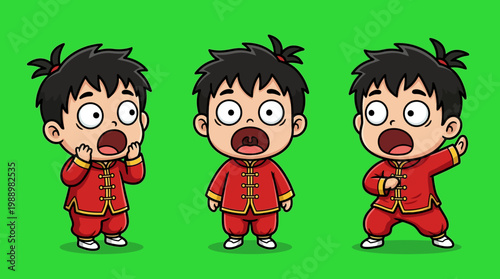 Cartoon Chinese Boy in Red Traditional Costume with Shocked Expressions.