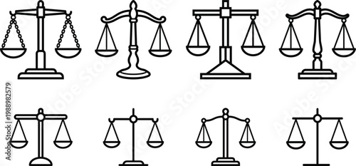 Set of Justice Scales Icons in Minimalist Black and White Design for Legal, Court, and Justice Illustrations