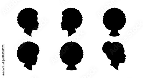 Black woman silhouette head icons, afro hair profile set, 6 female vector silhouettes