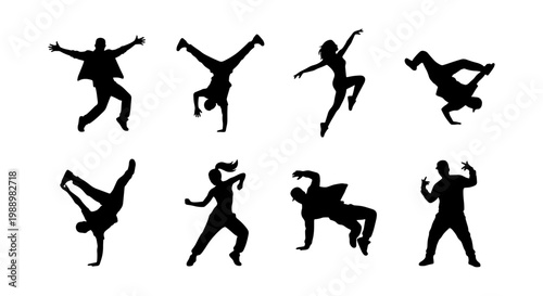 Breakdance silhouette collection, 8 street dancer vector set, hip hop dancing figures