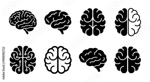 Human brain icon set, 8 black vector brain symbols, neurology and psychology graphics