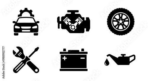 Car service icons set, automotive repair symbols, 6 black vector garage elements