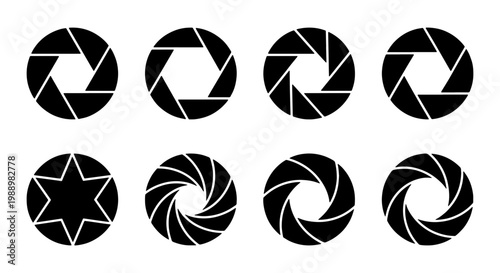 Camera shutter aperture icons, 8 black lens diaphragm symbols, photography vector set