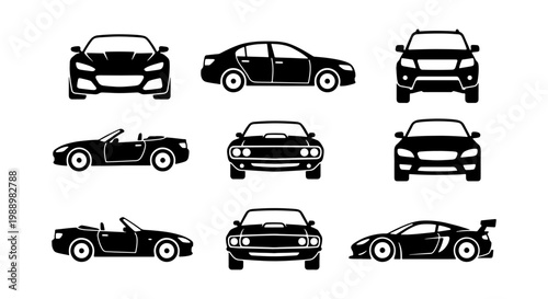 Modern car icons set, 9 black vehicle silhouettes, automotive transport vector graphics