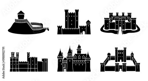 Medieval castle silhouette icons, 6 fortress vector set, ancient palace architecture