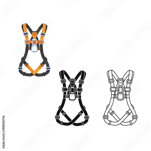 Climbing harnesses in orange black and white colors for rock climbing safety equipment  various styles